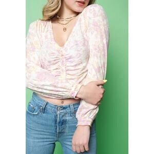 New Free People Say The Word Crop Top Ivory Pink Floral Ruched V-Naeck Sz S